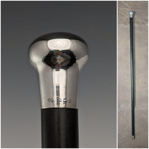 1925 British Vintage Men's Walking Stick, Sterling Silver, Round Handle, Black Shaft, 91cm, J Howell